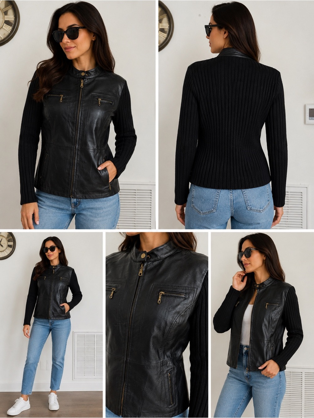 George Black Faux Leather Jacket with Rib Knit Sleeves
